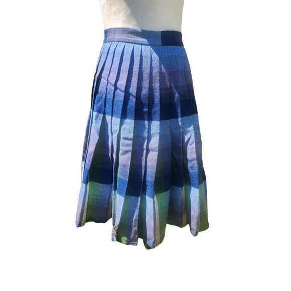 Vintage Dresses & Skirts - Vintage WOOL Plaid REVERSIBLE Pleated Skirt Midi 60s Blue Green Size Small